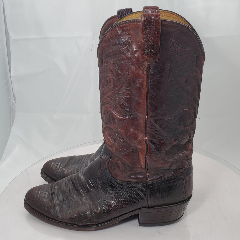 Vintage Dan Post 16731 Burgundy Boots 10 EE Lizard Leather Pointed Toe Cowboy